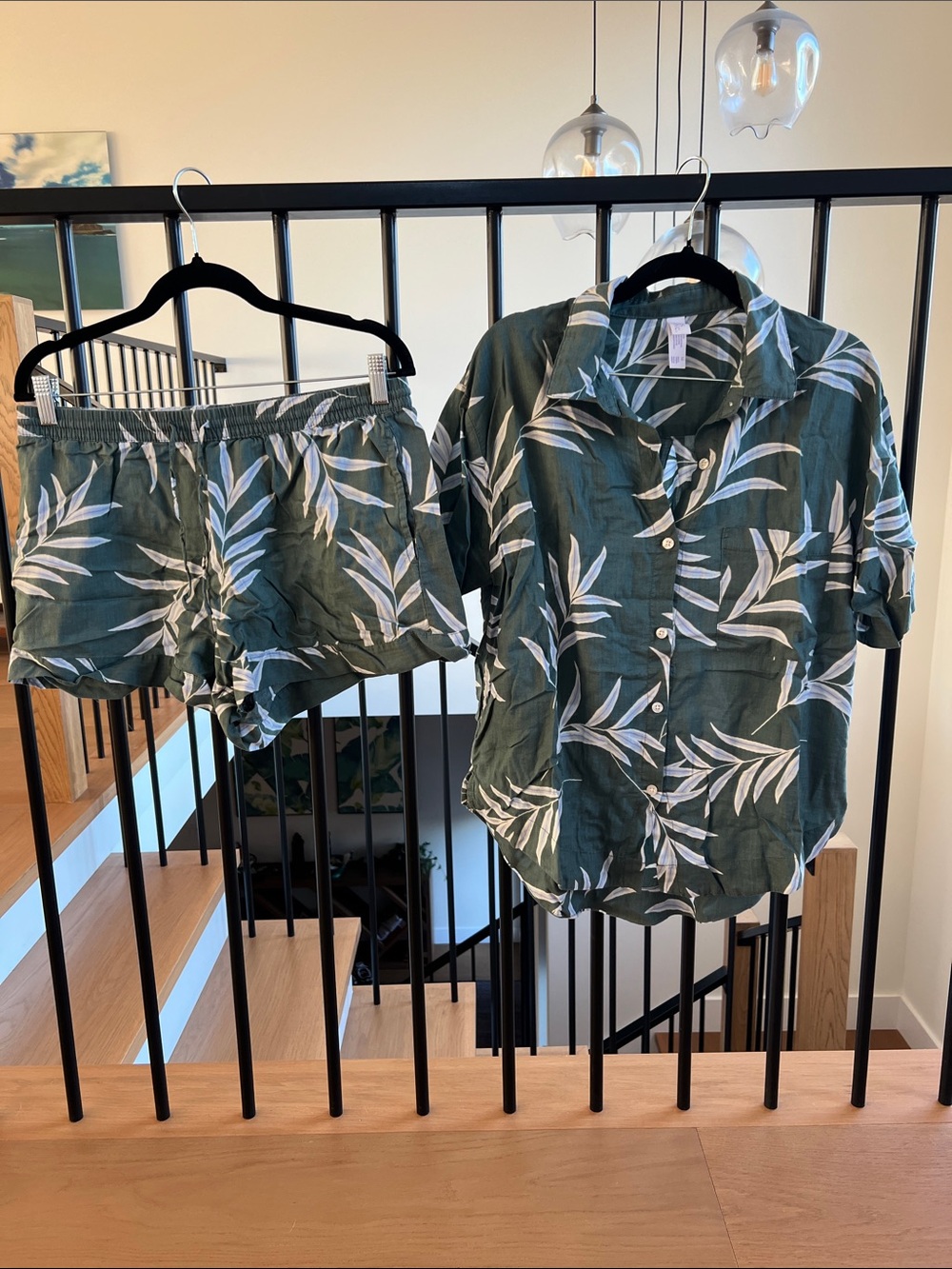 Stars Above Green Leaf Print Button-Up Shirt and Shorts Lounge Set